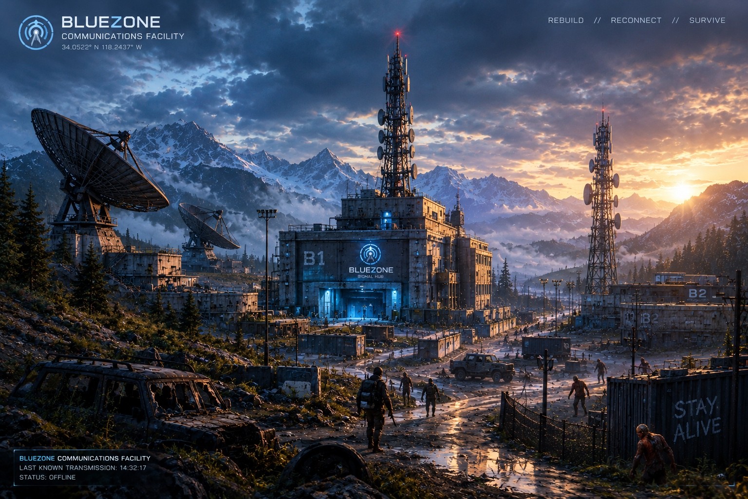 Fictional Bluezone communications facility with radio towers, coordinates, and an offline status