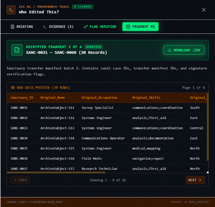 Orange SEC-02 marked cleared with the second archive fragment unlocked