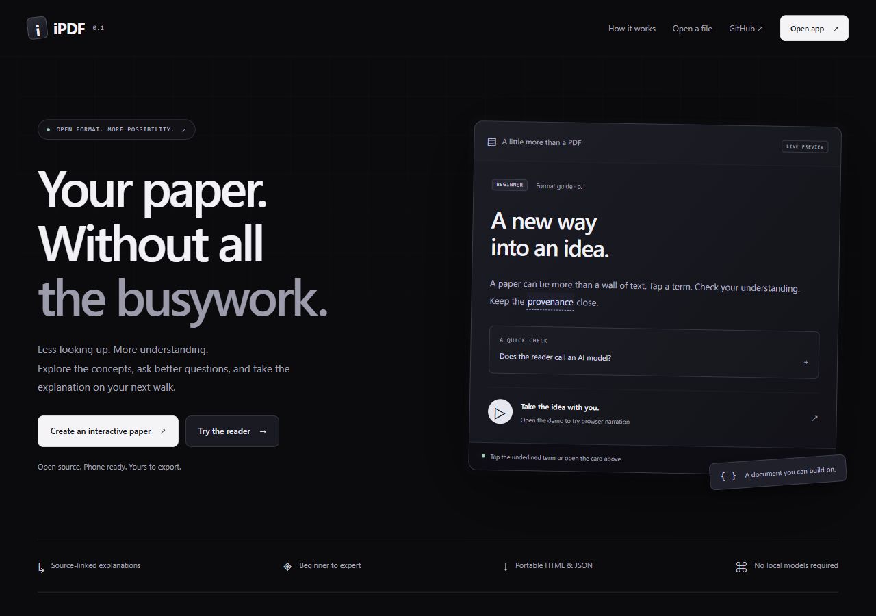 iPDF project page showing an interactive paper preview with glossary terms, a study question, and listening controls.