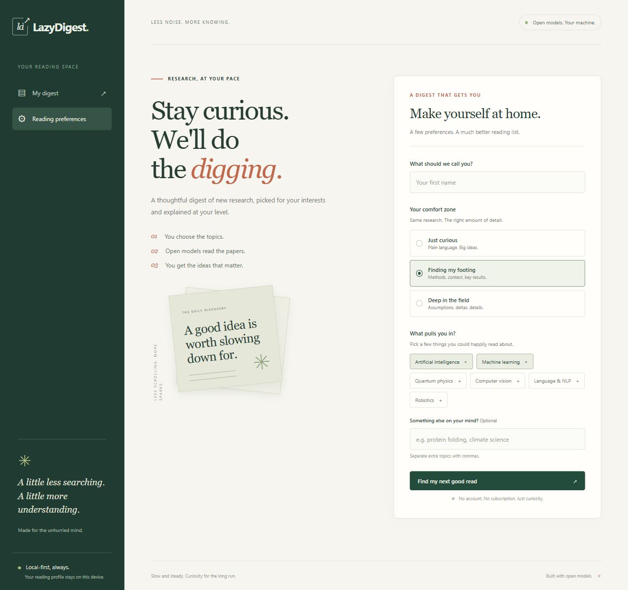 LazyDigest reading preferences with beginner, intermediate, and expert levels and research topic selections.